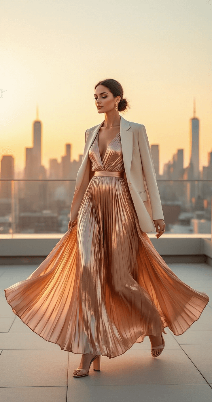 A confident woman in a rose gold metallic pleated maxi dress walks gracefully on a chic urban rooftop terrace at sunset, with the city skyline in the background. She accessorizes with minimal gold jewelry and nude block heels, while a structured cream blazer drapes over her arm. Her hair is styled in an elegant low bun, and warm golden light reflects off the dress, enhancing its flowing movement and photogenic qualities in the natural breeze.