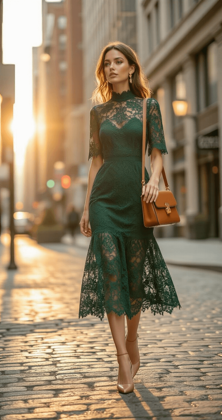 Woman in an emerald green lace midi dress walks confidently down a chic urban street, carrying a cognac brown leather crossbody bag. Warm afternoon sunlight highlights the intricate lace details and her minimal gold drop earrings as she strides over cobblestones in nude block heels.