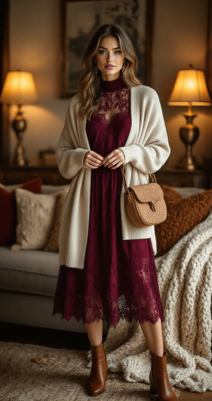 A woman in a cozy living room tries on a burgundy high-neck lace midi dress layered with a cream cashmere cardigan, accessorized with cognac ankle boots and a woven crossbody bag, amid warm lighting and autumn decor.