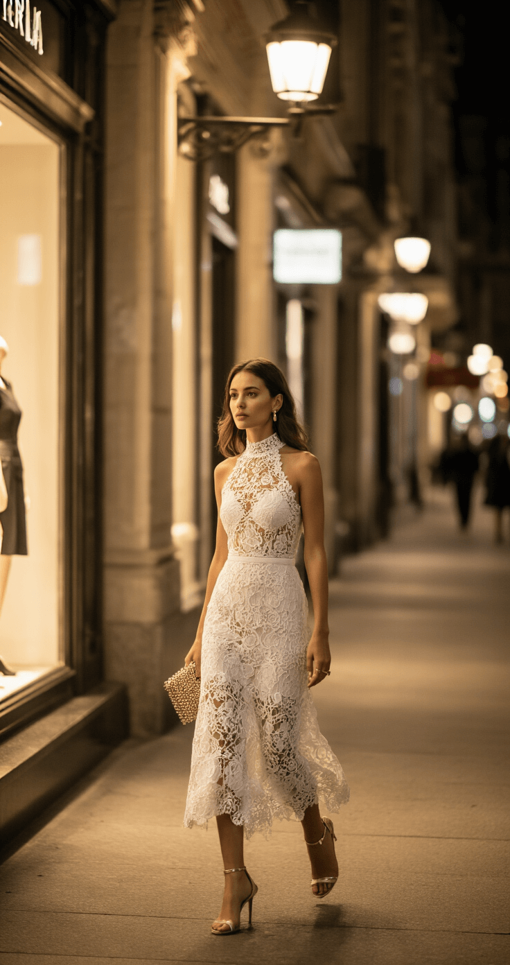 A woman in a white lace high-neck midi dress walks confidently past boutique storefronts under warm evening streetlights, highlighting her elegant strappy heels and beaded clutch, with shadows creating a dramatic urban scene.