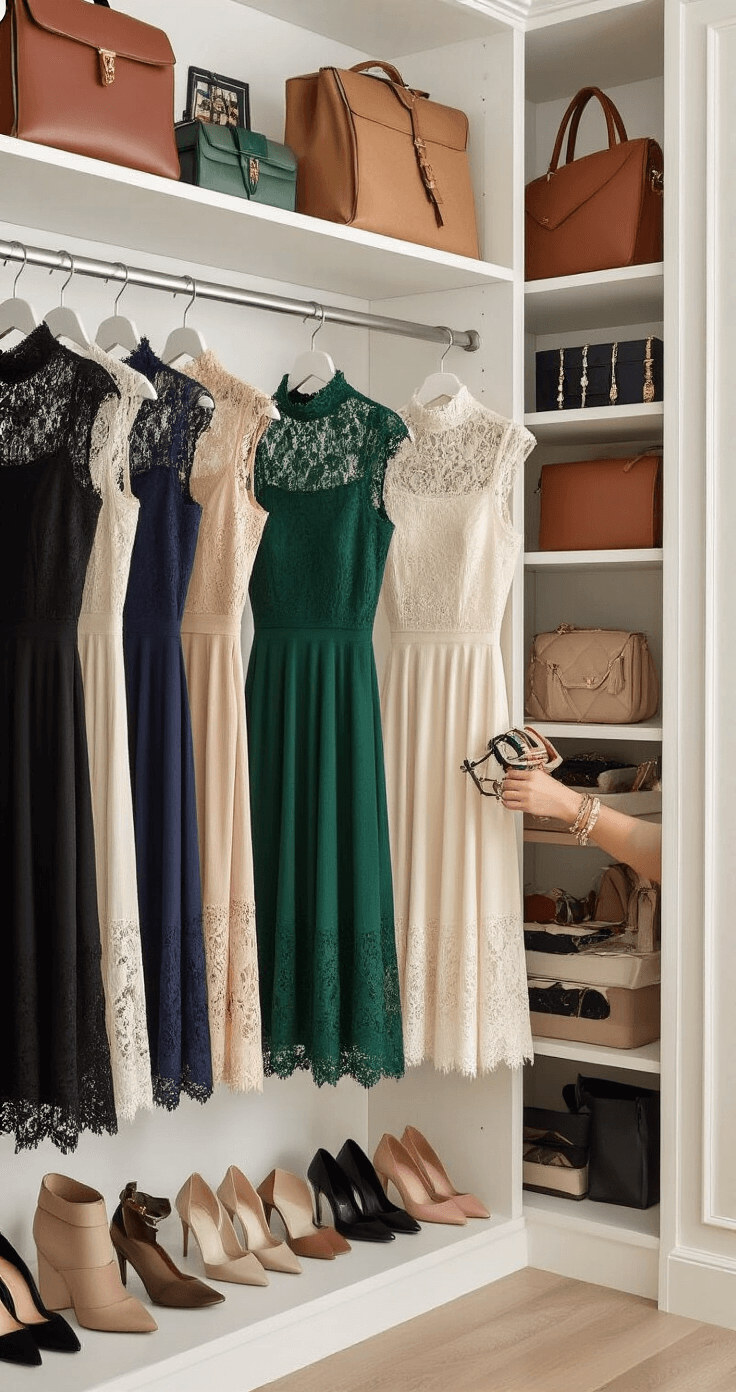A well-organized walk-in closet filled with soft natural light, showcasing high-neck lace midi dresses in black, navy, emerald, and cream. A woman selects accessories from neatly arranged jewelry trays, leather handbags, and heels, surrounded by luxurious textures like wool cardigans and silk scarves, reflecting her styling process.