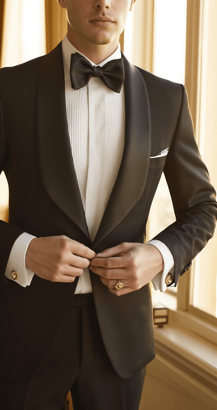 Elegant woman in a luxurious hotel suite adjusts her black silk bow tie, wearing a tailored tuxedo jacket and white dress shirt, with vintage cufflinks gleaming in the golden hour light streaming through tall windows.