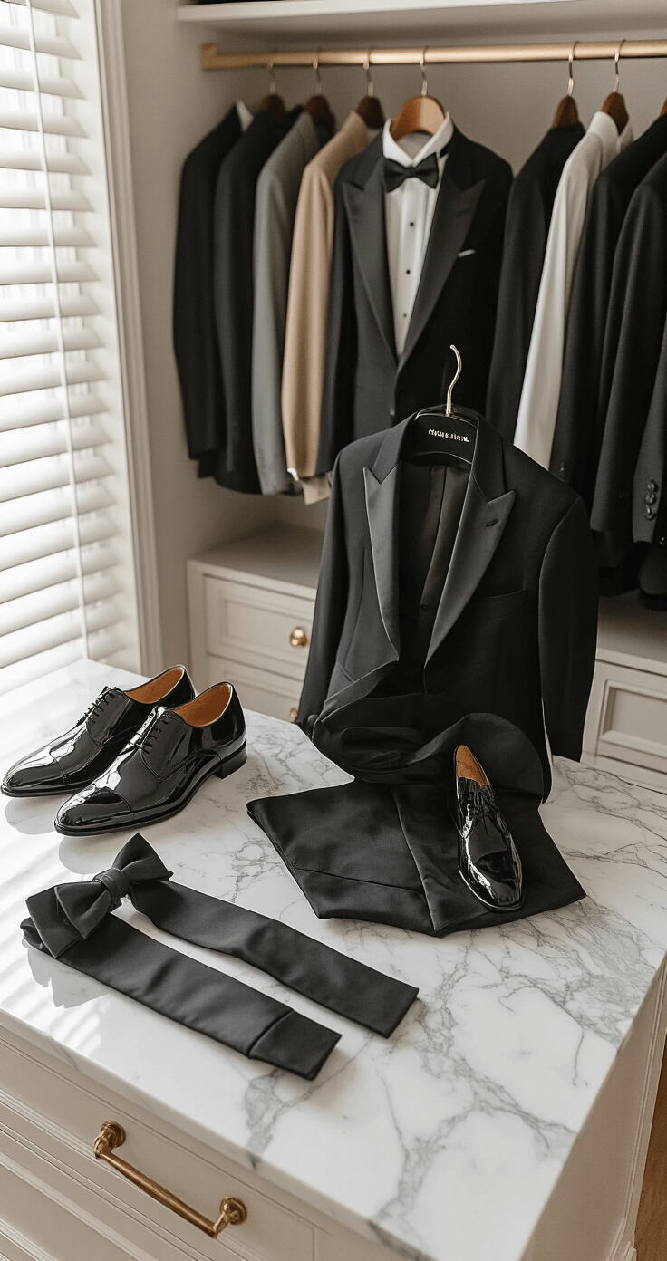 A woman organizes classic black tuxedo pieces in a spacious walk-in closet, bathed in soft morning light, with a marble island displaying neatly arranged jacket, bow tie, cummerbund, and patent leather shoes, all against a backdrop of neutral tones and metallic accents.
