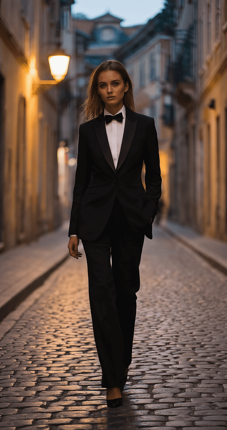 A confident woman in a perfectly fitted black tuxedo with a bow tie strides past vintage architecture on a cobblestone European avenue, illuminated by evening streetlamp highlights, showcasing timeless elegance in a deep jewel tone and classic black palette.