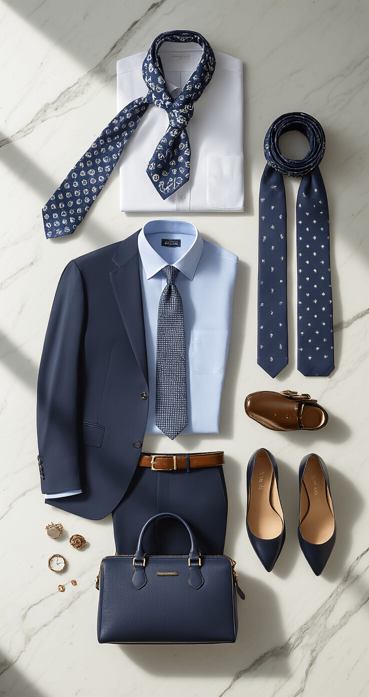 Why Every Guy Needs a Slim-Fit Navy Suit in His Closet Right Now Elegant flat-lay arrangement on a marble surface featuring a navy suit, coordinated white and light blue dress shirts, patterned silk scarves, brown and black leather belts, classic pumps, delicate jewelry, and a structured handbag, with soft morning light highlighting the textures and colors.