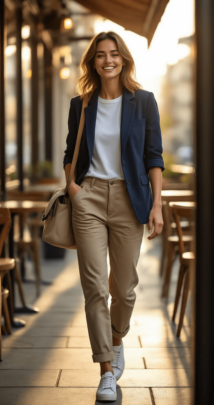 A woman in a smart-casual outfit, featuring a navy blazer, white tee, and khaki chinos, walks confidently on a sunlit coffee shop terrace, laughing with a canvas messenger bag. The scene captures a warm, golden hour ambiance with earth tones and a stylish urban vibe.