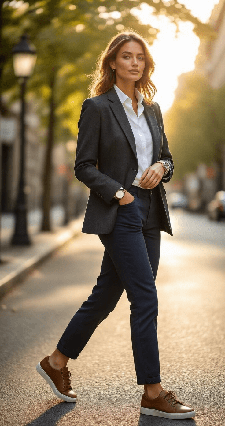 Candid portrait of a confident woman in a charcoal blazer and white shirt, casually walking through a tree-lined city street during golden hour, checking her leather watch amidst dappled sunlight.