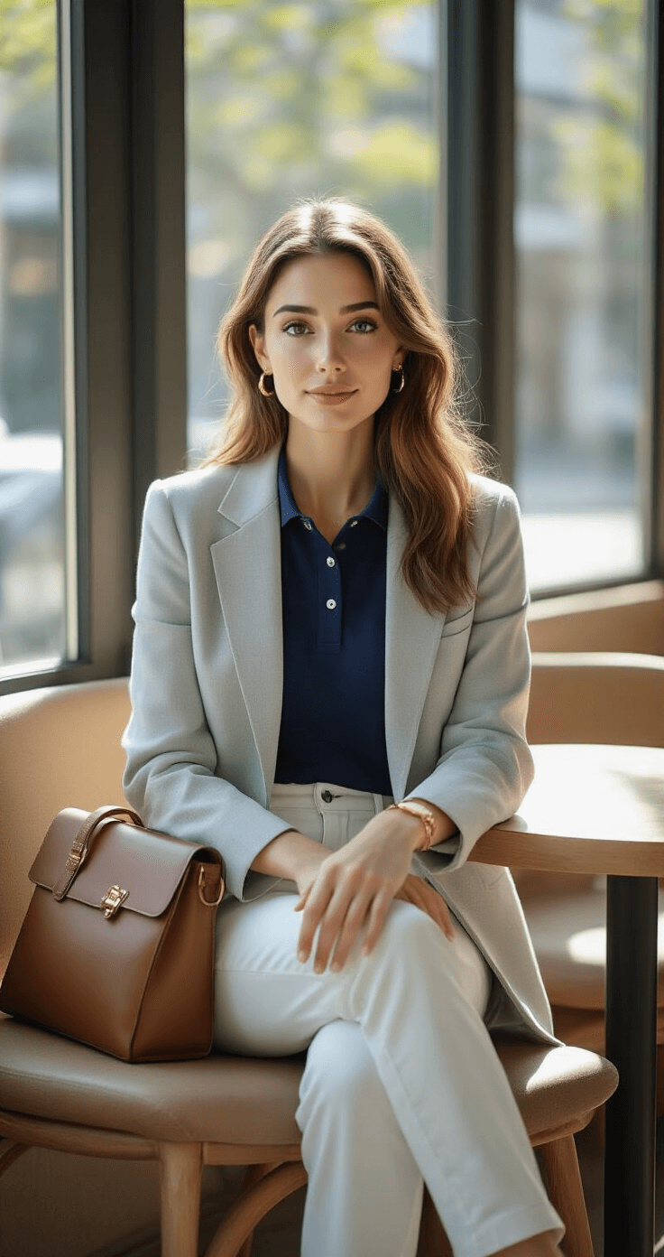 A woman in a light gray blazer and navy polo sits at a café table by large windows, enjoying afternoon sunlight. She wears white chinos and slip-on white sneakers, accompanied by a leather handbag and delicate gold accessories, embodying relaxed confidence and elegance in a minimalist setting.