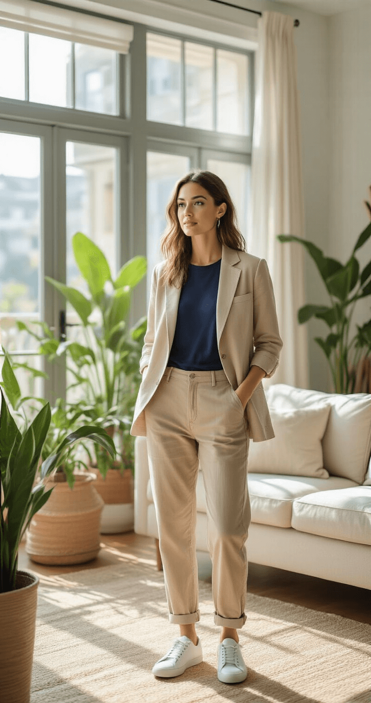A woman in a bright apartment tries on a beige linen blazer over a navy fitted tee and khaki chinos, complemented by white leather sneakers, surrounded by plants and showcasing various styling options in natural morning light.