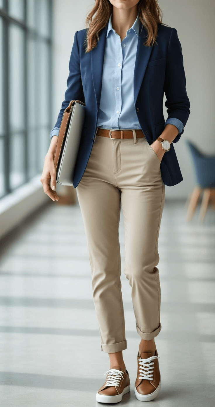 A woman confidently walks through a modern co-working space, wearing a navy unstructured blazer, light blue shirt, and khaki chinos, complemented by brown leather sneakers and a minimalist laptop bag. Natural light streams in from large windows, highlighting her professional yet casual style.