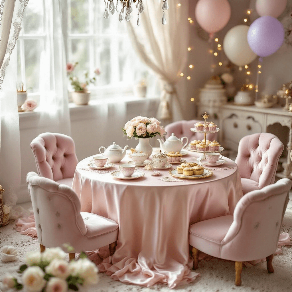 Cozy toddler tea party in a living room, featuring a low blush pink silk-draped table surrounded by velvet chairs, adorned with pastel tea sets, fresh white roses, and tiered stands of cupcakes, with fairy lights and lavender balloons adding a whimsical touch.