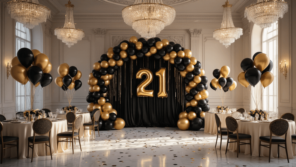 A luxurious ballroom decorated for a 21st birthday, featuring a black and gold balloon arch, glossy foil '21' centerpieces on ivory silk tables, and crystal chandeliers casting warm light on marble floors, creating a sophisticated atmosphere.