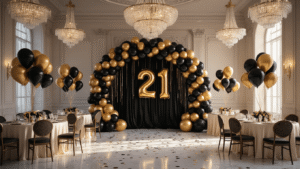 Celebrating 21: The Ultimate Guide to Stunning Birthday Balloon Decor A luxurious ballroom decorated for a 21st birthday, featuring a black and gold balloon arch, glossy foil '21' centerpieces on ivory silk tables, and crystal chandeliers casting warm light on marble floors, creating a sophisticated atmosphere.