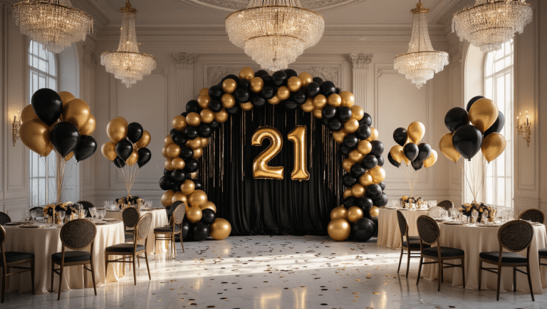 A luxurious ballroom decorated for a 21st birthday, featuring a black and gold balloon arch, glossy foil '21' centerpieces on ivory silk tables, and crystal chandeliers casting warm light on marble floors, creating a sophisticated atmosphere.