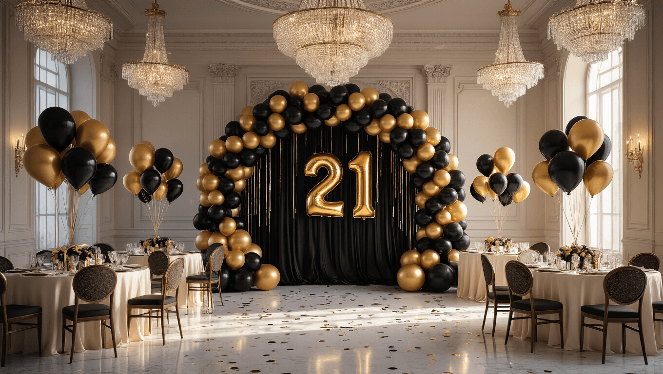 A luxurious ballroom decorated for a 21st birthday, featuring a black and gold balloon arch, glossy foil '21' centerpieces on ivory silk tables, and crystal chandeliers casting warm light on marble floors, creating a sophisticated atmosphere.