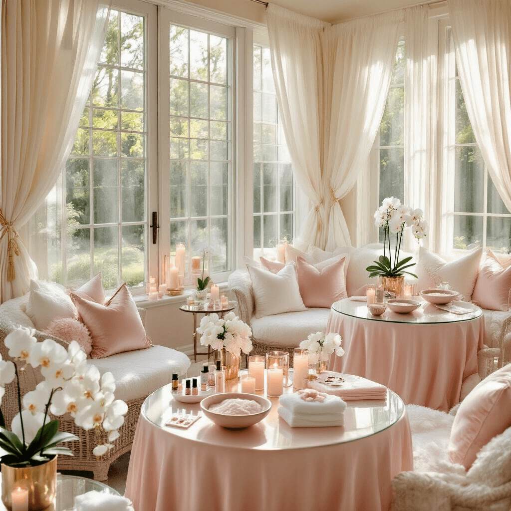 Elegant indoor sunroom spa retreat with soft morning light, featuring round glass tables draped in blush pink linens, ceramic bowls of DIY face mask ingredients, and nail art supplies. Surrounding plush white and rose gold seating, fresh white orchids, and rose quartz crystals create a serene atmosphere, with cream and champagne gold accents and sheer ivory curtains. Pillar candles in glass hurricanes add ambient lighting, complemented by fluffy towels and personalized gift baskets.