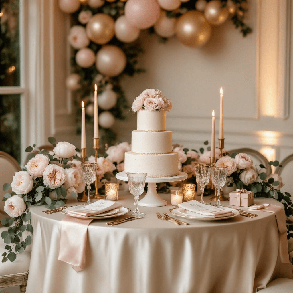 An intimate dining nook for a sophisticated tween birthday celebration, featuring a round table draped in ivory silk with a three-tier cake, fine china, crystal glassware, blush pink peonies, eucalyptus garlands, and gold pillar candles, all set in a soft pastel color palette with balloon clusters in dusty rose and champagne.
