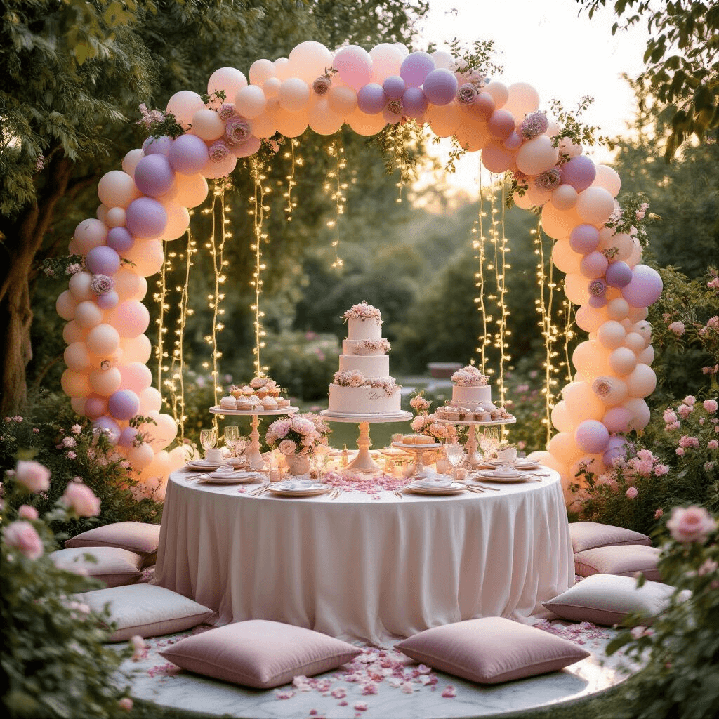 A whimsical birthday party setup in an enchanting garden, featuring a pastel balloon arch, a silk-draped table with ornate desserts, fairy lights intertwined with florals, intimate seating with velvet cushions, and elegant calligraphy signage, all illuminated by soft natural light at golden hour.