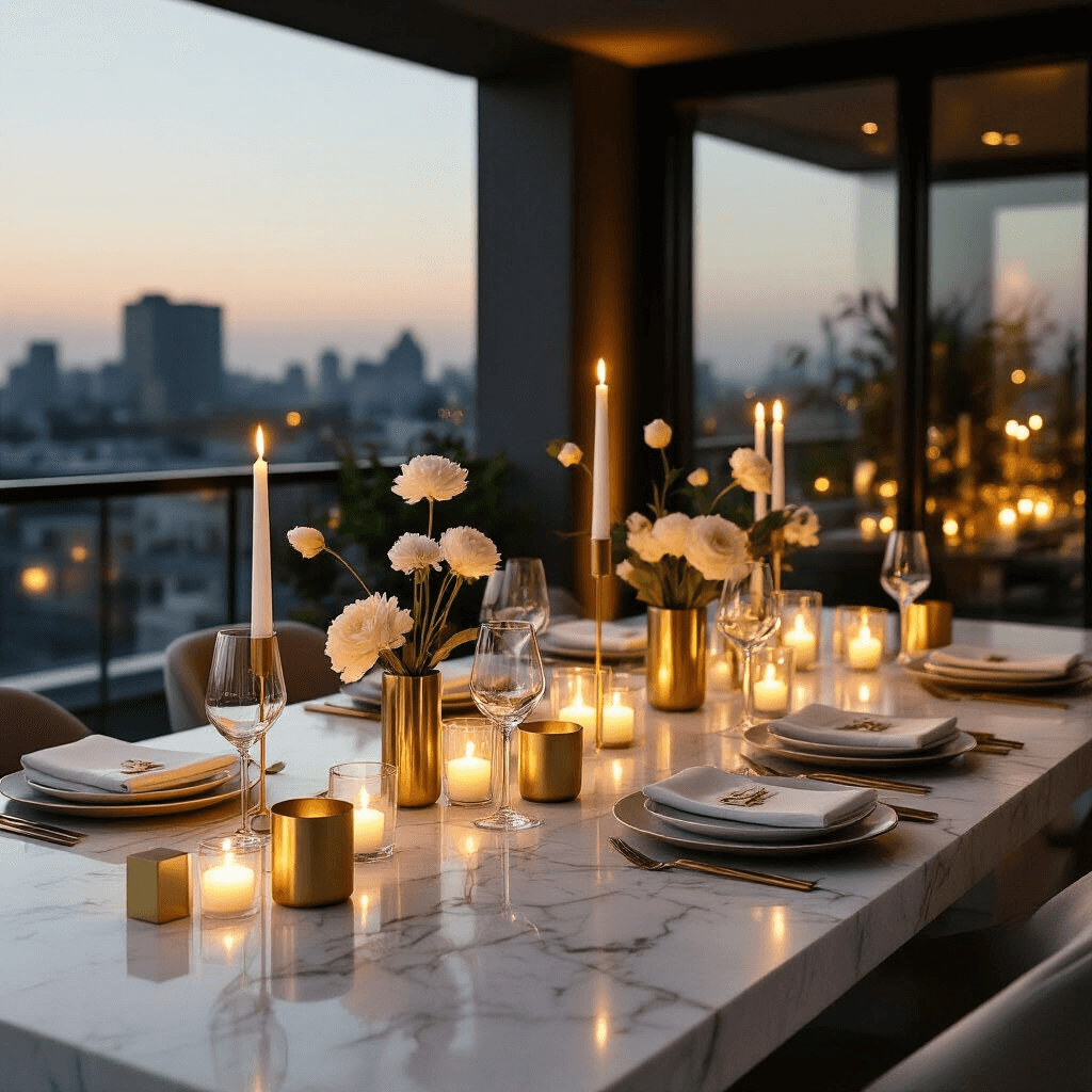 A modern minimalist birthday celebration on a stylish rooftop terrace, featuring sleek marble countertops with geometric centerpieces, elegant gold and ivory decor, low-profile furniture, and ambient candlelit atmosphere, all captured in a cinematic angle highlighting texture contrasts.