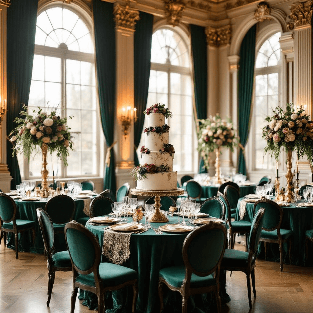 A luxurious vintage glam birthday party set in an intimate ballroom, featuring rich jewel tones, ornate floral arrangements, and elegant table settings with antique brass candlesticks and vintage glassware, illuminated by soft morning light.