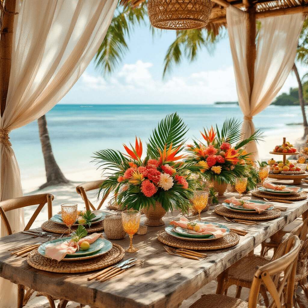 Tropical birthday celebration on a beachfront with rustic wooden tables, exotic floral centerpieces, woven rattan chargers, and bamboo glassware, featuring a vibrant terracotta and sage green color palette. Flowing sheer curtains, tiki torches, and a dessert cart with tropical fruits add to the festive atmosphere, complemented by natural textures, custom surfboard signage, and scattered seashells.