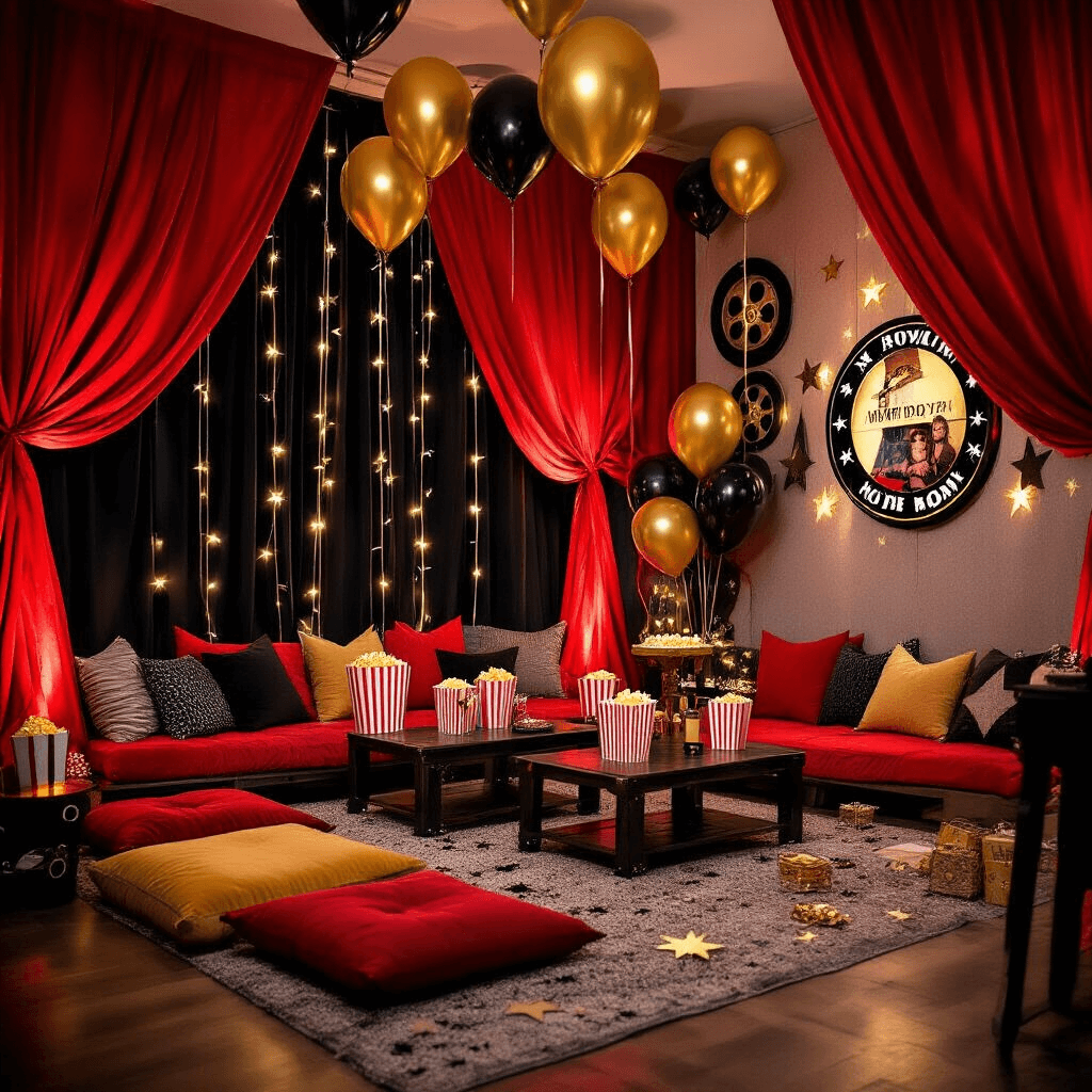 A cozy transformed living room decorated for a movie-themed birthday party, featuring bold primary colors, red velvet draping, gold and black accents with metallic balloons, vintage popcorn containers as centerpieces, and warm string lights, all creating a glamorous cinematic atmosphere.