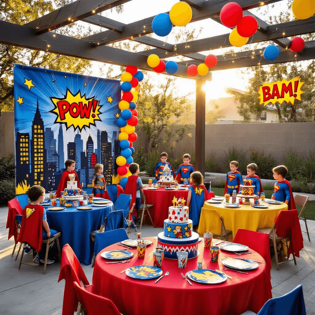 A vibrant superhero-themed 10th birthday party in a modern backyard, featuring round tables with red, blue, and yellow linens, comic book centerpieces, and children in superhero costumes around a tiered cake display. A dramatic city skyline backdrop, colorful balloon garlands, and fairy lights create a festive atmosphere during golden hour.