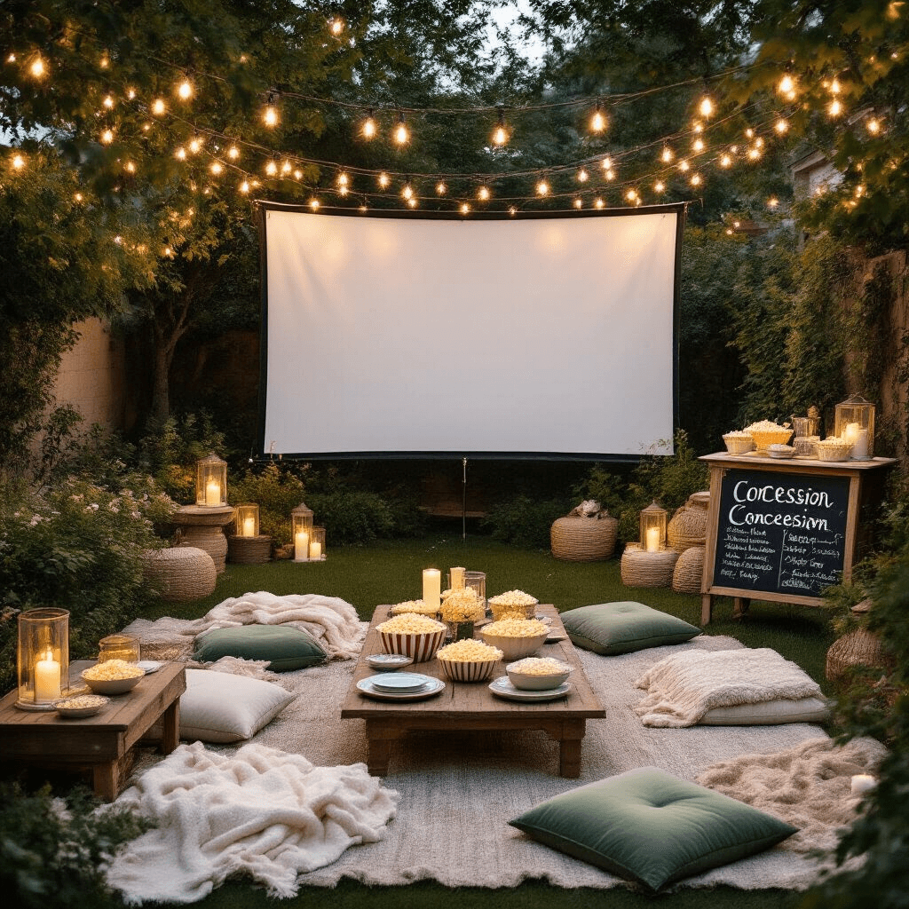 Cinematic overhead view of a cozy backyard movie night setup with a large white screen, plush blankets in cream and sage green, rustic wood tables with popcorn stations, string lights above, and a DIY concession cart, all illuminated by soft evening lights.