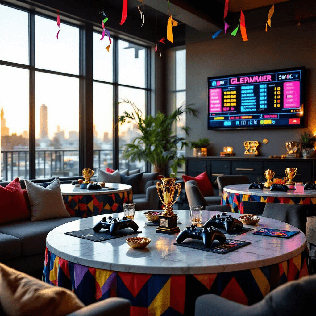 Detail shot of a vibrant game night setup in a modern apartment, featuring sleek black gaming controllers, trophy displays, personalized scorecards, geometric table linens, and cozy seating areas, all illuminated by soft morning light streaming through large windows.