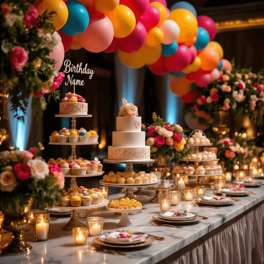 Close-up of an elegant indoor ballroom decorated for a candlelit party, featuring a vibrant balloon garland, personalized signage, tiered dessert displays, fresh flowers, custom party favors, and ambient candlelight, all enhanced by luxurious textures and moody lighting.