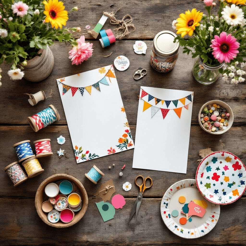 Flat lay of DIY party preparation elements on rustic wood, featuring printable invitations, handcrafted decorations, mason jars with party favors, colorful streamers, craft supplies, fresh flowers, budget-friendly plates, and ceramic bowls with small decorative items, all beautifully illuminated by natural midday sunlight.