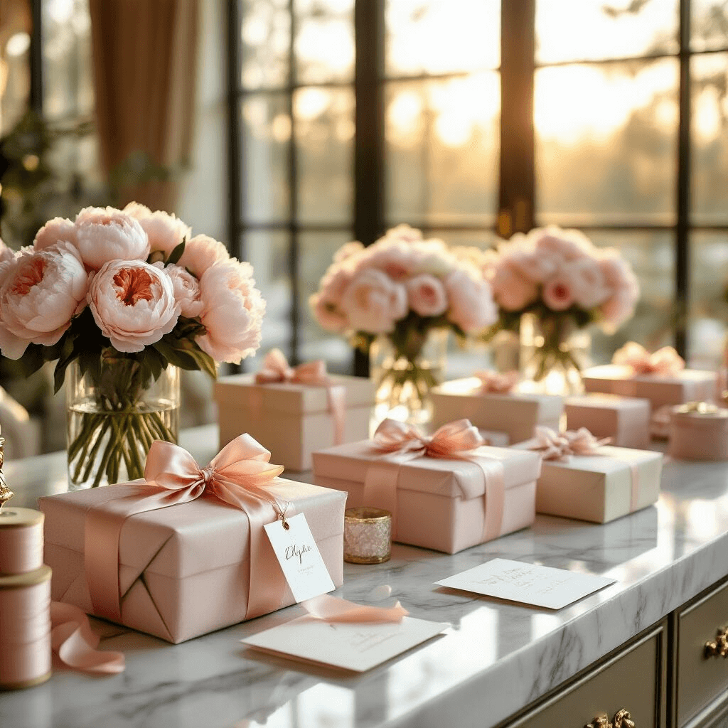 Elegant indoor ballroom gift wrapping station featuring marble countertops, silk ribbon spools in blush pink and cream, luxury wrapped presents with personalized tags, crystal vases with fresh peonies, and warm natural light streaming through tall windows.