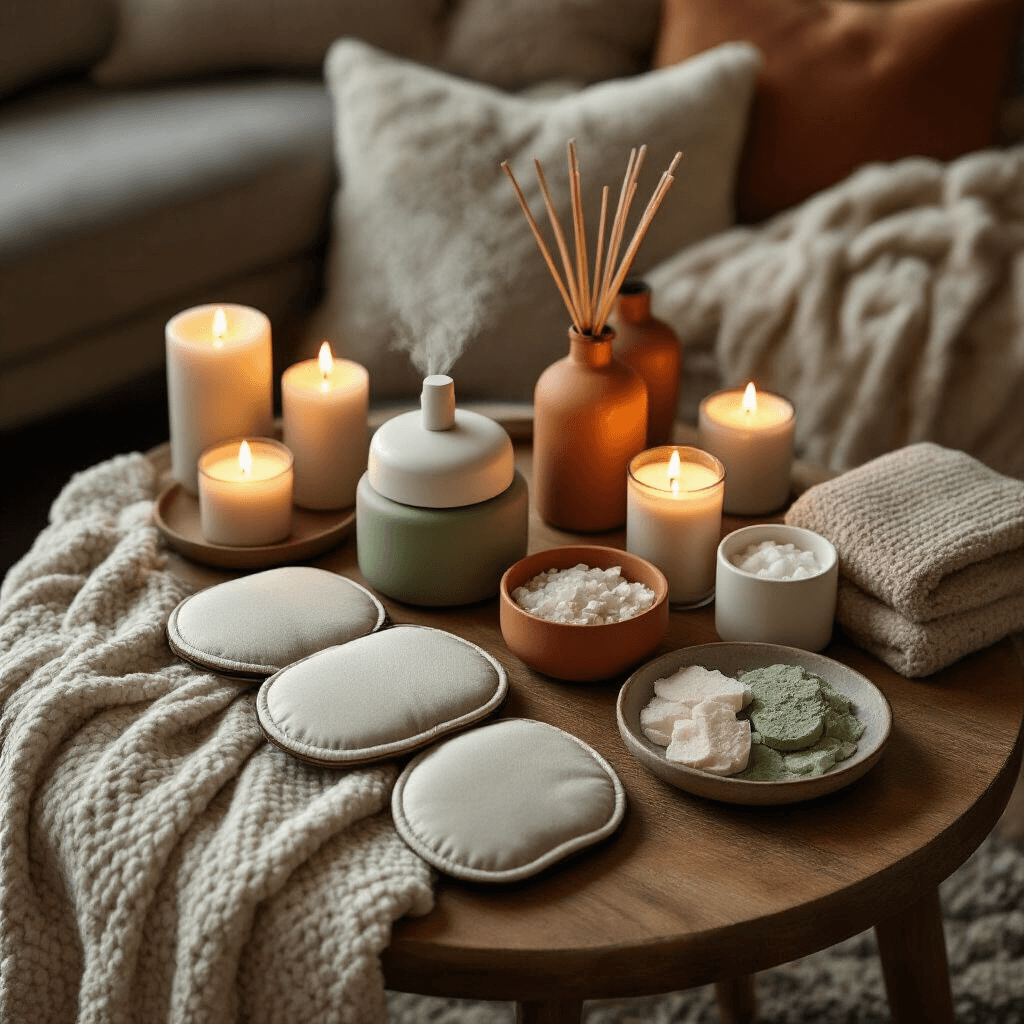 Overhead view of a cozy living room with a round wooden table displaying self-care gifts, including weighted sleep masks, aromatherapy diffusers, and luxury shower steamers in terracotta and sage colors, surrounded by plush pillows and cashmere blankets, with flickering candles and ceramic dishes holding custom bath salts.