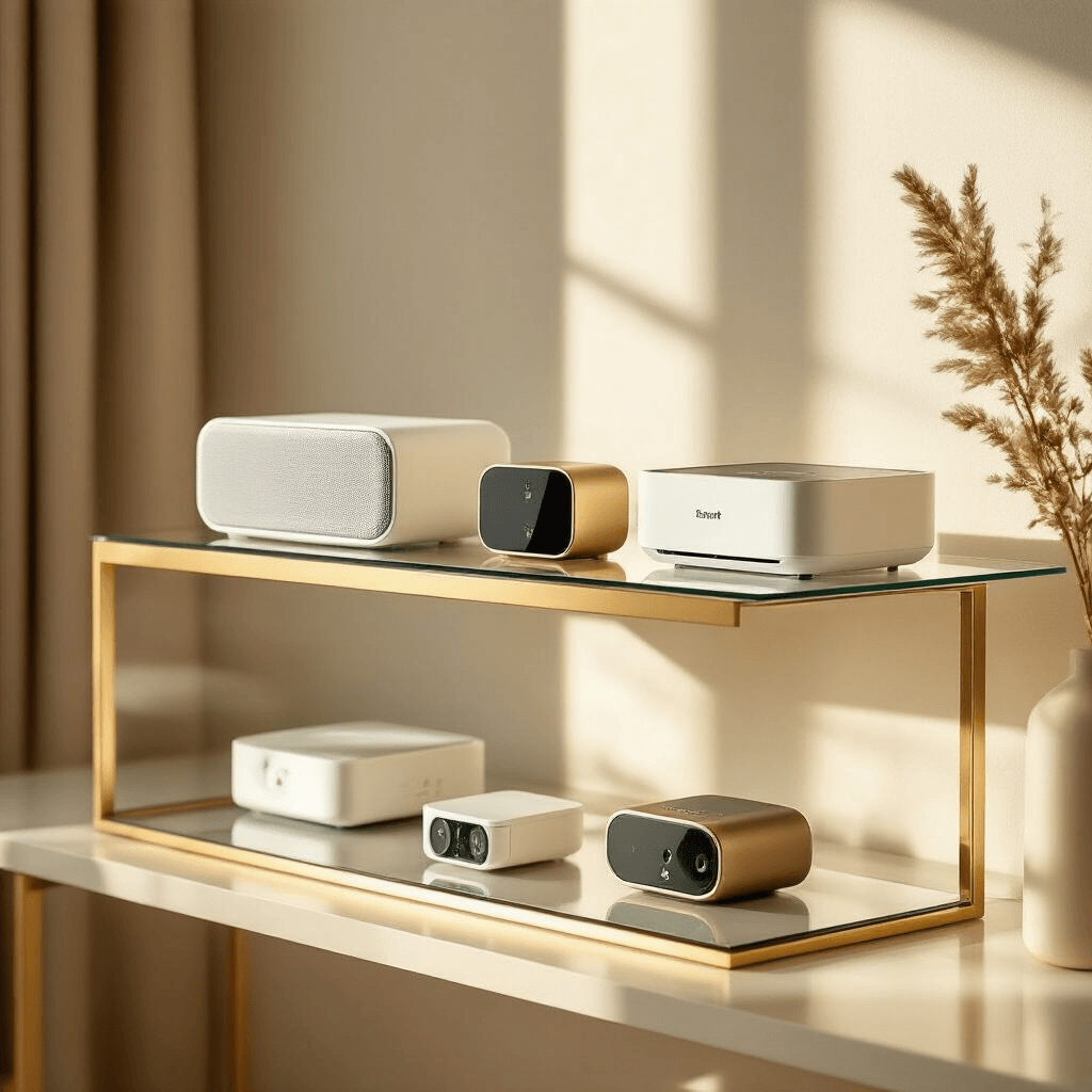 Cinematic showcase of modern tech gifts on sleek glass shelves, featuring portable speakers, instant photo printers, and smart home devices, all set against a minimalist backdrop with a gold and ivory color scheme, illuminated by soft morning light.