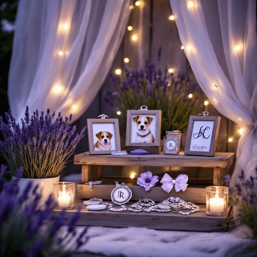 Close-up of a cozy backyard gift corner at night, featuring rustic wooden displays of custom pet portraits and monogrammed accessories, all set in a lavender and silver palette with sheer drapery. String lights enhance the magical atmosphere, while fresh lavender sprigs add organic texture.