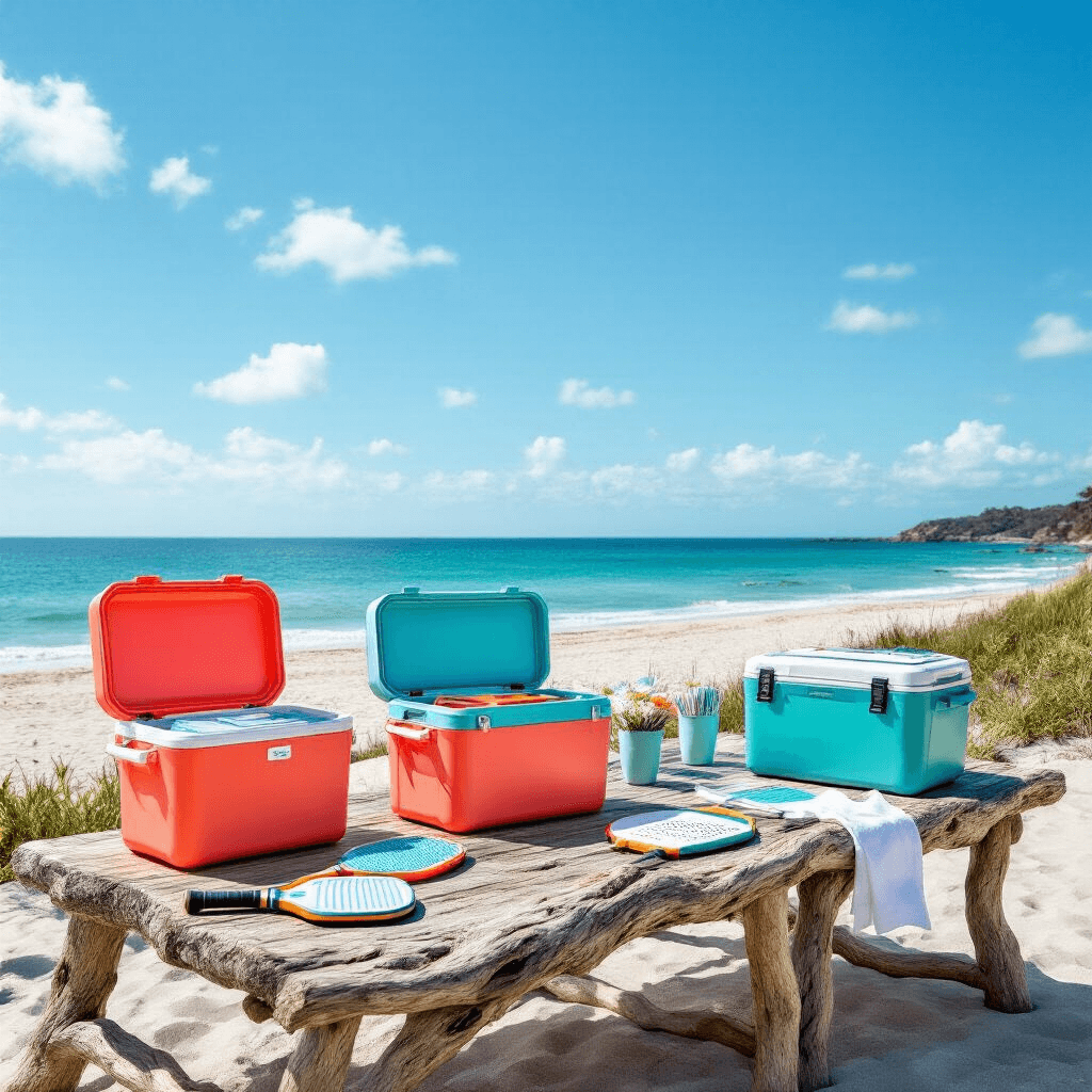 Wide-angle view of a beachfront gift presentation featuring coolers, pickleball paddles, and neck fans on driftwood tables, with an ocean backdrop and a bold coral and turquoise color scheme, accented by fluttering linen napkins and vibrant natural sunlight.