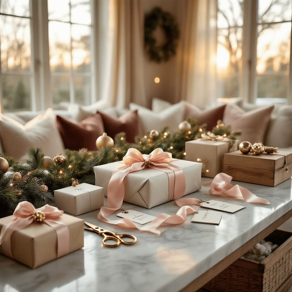 Elegant Christmas gift wrapping station in a cozy living room bathed in golden hour light, featuring a marble countertop adorned with silk ribbons, vintage brass scissors, personalized gift tags, and beautifully wrapped presents, with soft sunlight highlighting fresh pine garland and decorative glass ornaments amidst a backdrop of velvet cushions and sheer curtains.