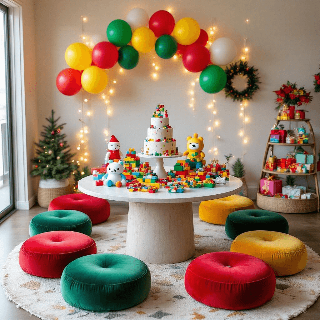 Overhead view of a colorful children's Christmas party setup featuring a low round table adorned with primary-colored balloons, Squishmallows, and LEGO Botanical party favors, surrounded by bright velvet floor cushions. The space is illuminated by fairy lights and decorated with bold red, green, and gold accents, including shimmering streamers and a tiered cake display.
