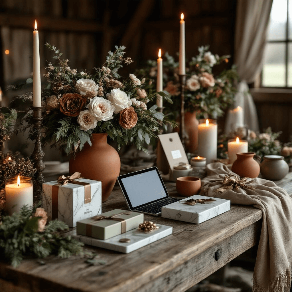 Close-up of a luxury Christmas gifting display on a rustic barn wooden table, featuring designer accessories, fresh florals in terracotta and sage tones, premium tech gadgets, and gourmet items, all enhanced by moody candlelight and elegant marble accents.