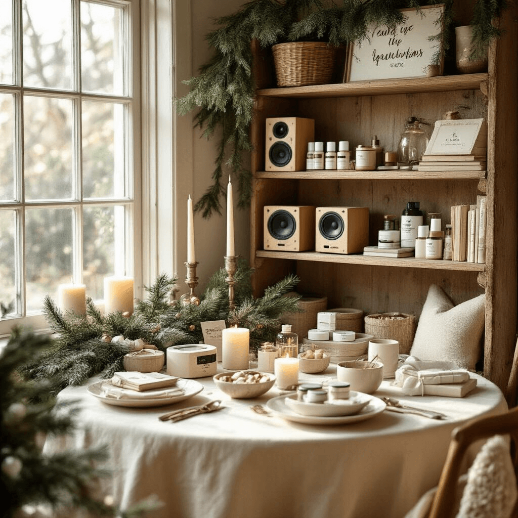A cozy dining nook bathed in soft morning light, featuring a Christmas stocking stuffer party with vintage wooden shelves displaying mini speakers, skincare sets, and book accessories. Round tables dressed in cream linens hold small gift arrangements in glass bowls, complemented by fresh greenery and ivory candles. Personalized signage and DIY crafts add a warm, inviting touch to the atmosphere.