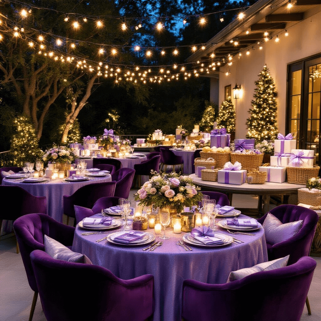 A beautifully decorated backyard terrace for a Christmas shopping party, featuring round tables with lavender and silver linens, gift pairing demonstrations, string lights, tiered displays of wrapped presents, gourmet hampers, velvet chair cushions, fresh floral centerpieces, and custom party favors, all under a magical, twinkling night sky.