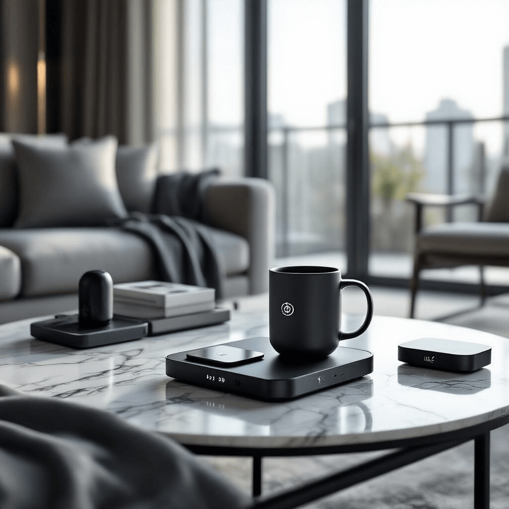 Elegant indoor apartment scene featuring a modern minimalist living room with a marble coffee table displaying a smart temperature control mug, wireless charging dock, and Bluetooth speakers, all in soft morning light. The setting showcases clean geometric lines and a monochrome palette of deep grays and whites with metallic accents.