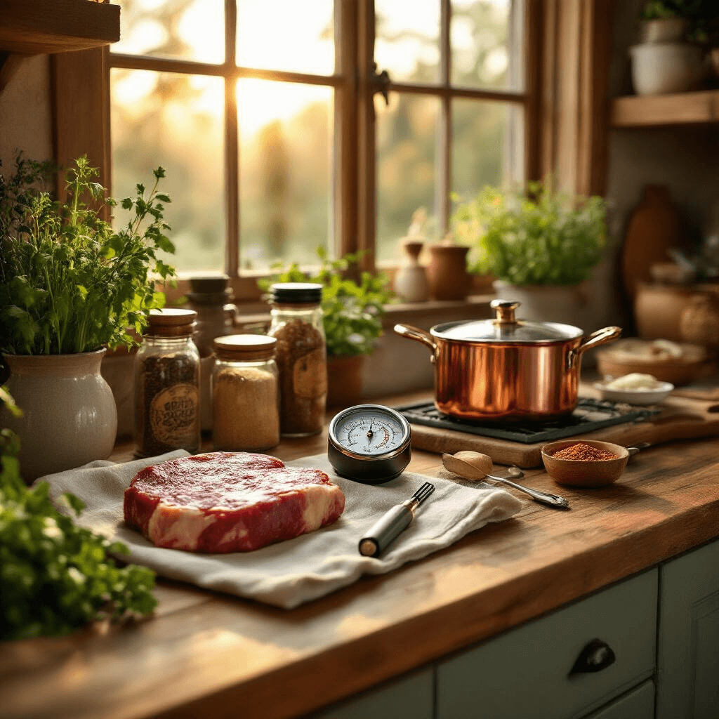 A cozy kitchen with a rustic wooden countertop adorned with a high-quality meat thermometer, artisanal spices, and copper cookware, illuminated by warm golden hour light. The scene features a rich terracotta and sage color scheme, fresh herbs for decor, and a flat lay of culinary tools on linen tea towels, creating an intimate atmosphere for cooking enthusiasts.