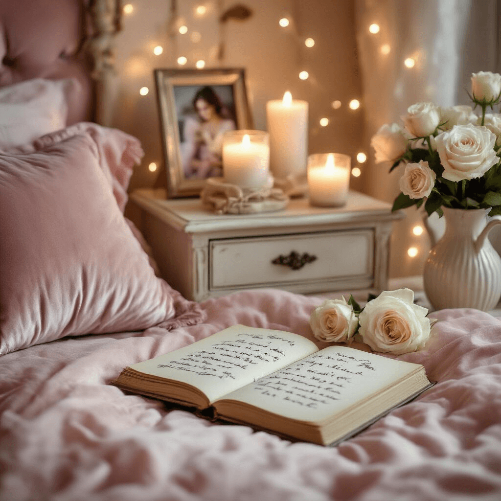 A cozy romantic bedroom nook adorned with soft candlelight, featuring a vintage nightstand holding a personalized photo collage and a handwritten journal, surrounded by blush pink and cream decor, velvet cushions, silk sheets, fresh white roses in ceramic vases, and sparkling fairy lights creating an intimate ambiance.