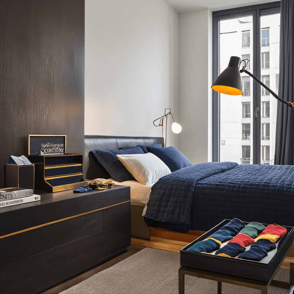 Stylish masculine bedroom featuring practical fashion gifts, including comfortable lounge slides, a sophisticated desk organizer, and quirky socks, all set against dark wood surfaces under moody evening lighting with a warm desk lamp, in a bold navy and gold color scheme with leather textures.