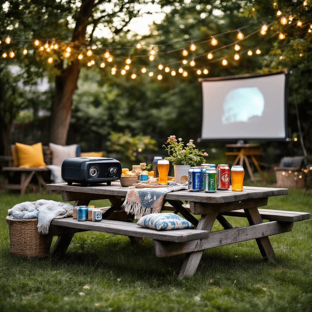 A casual backyard setting featuring a rustic picnic table adorned with unique gifts, a beer can draft converter, and a portable projector, with string lights illuminating the space as natural sunlight fades into a cozy evening atmosphere.