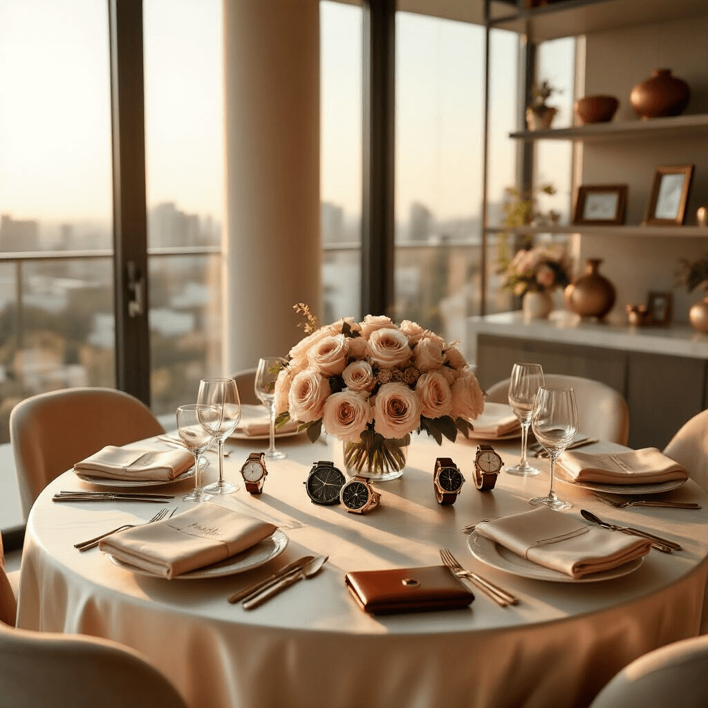 Cinematic wide-angle shot of an elegant indoor anniversary celebration in a modern apartment, featuring a round dining table with silk ivory linens and vintage chronograph watches as centerpieces, surrounded by blush pink roses, with warm sunlight streaming through floor-to-ceiling windows and casting shadows on marble surfaces.