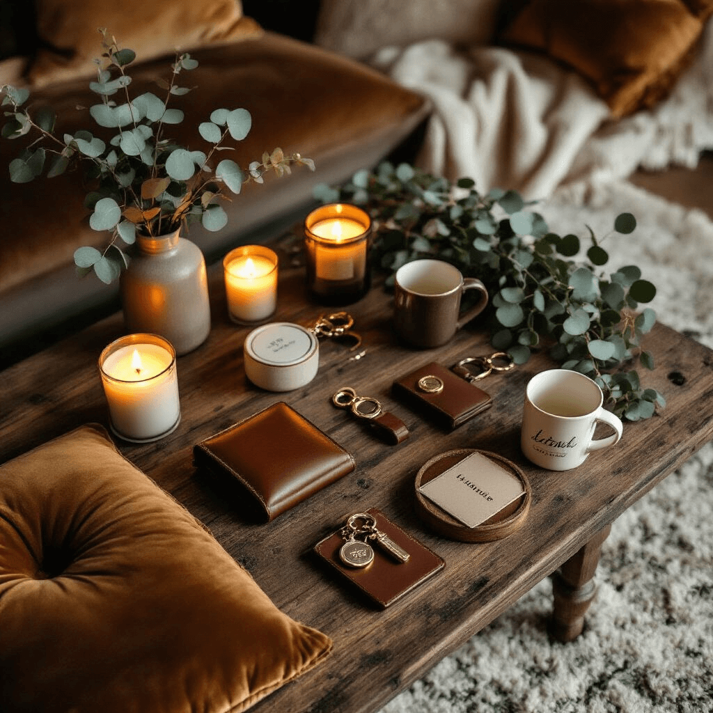 Overhead view of a cozy living room anniversary gift display featuring premium leather accessories, custom keychains, and personalized mugs on a low wooden table, with velvet cushions and warm amber candlelight casting soft glows across gold and ivory textiles, accented by fresh eucalyptus sprigs.