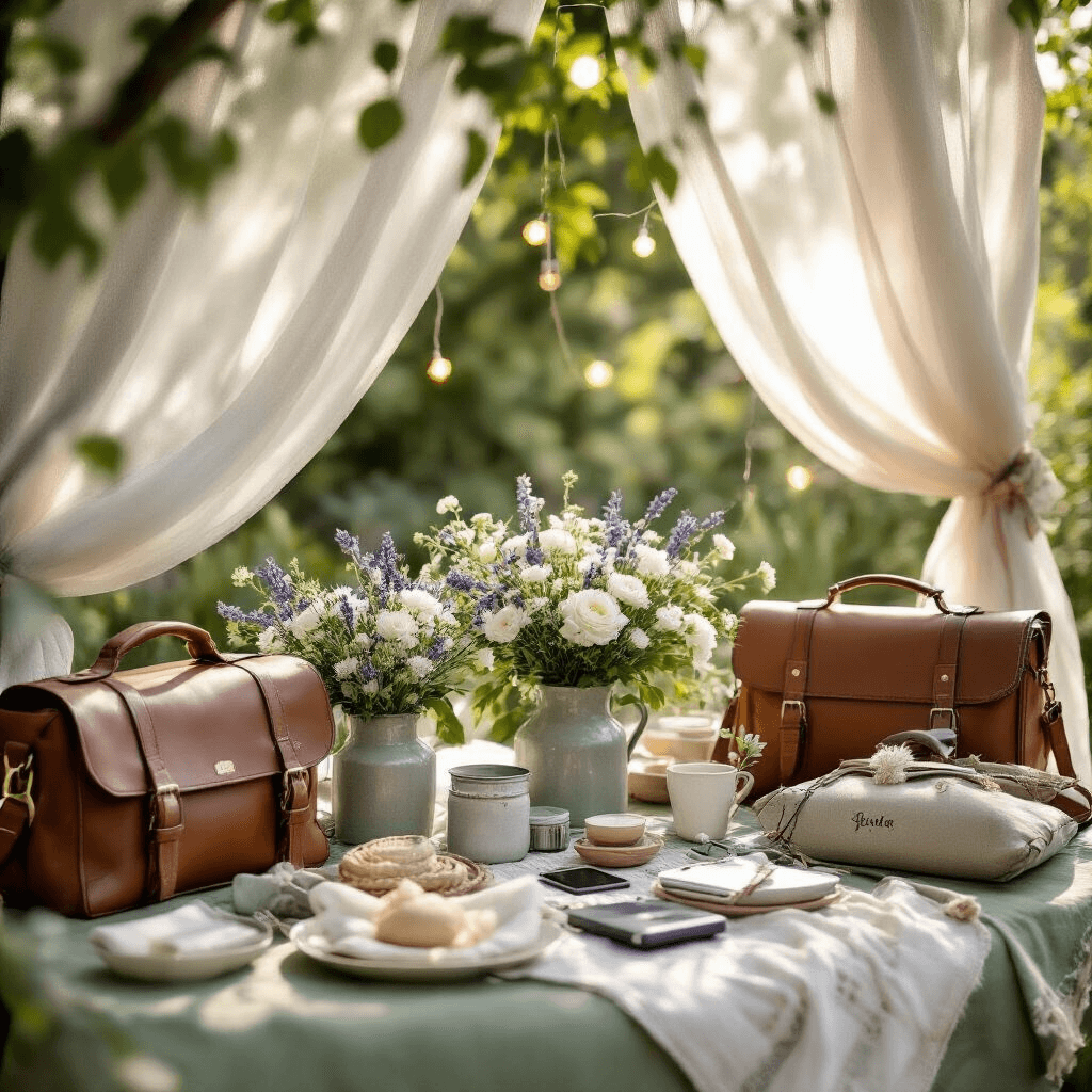 Close-up detail of a picnic-style anniversary setup in an outdoor garden, featuring sage green linens, adventure gear, travel bags, and tech gadgets. Soft morning light highlights sheer drapery, fairy lights, and fresh white florals in ceramic vessels, while natural sunlight filters through overhead greenery, showcasing the intricate textures of leather goods and personalized engravings.