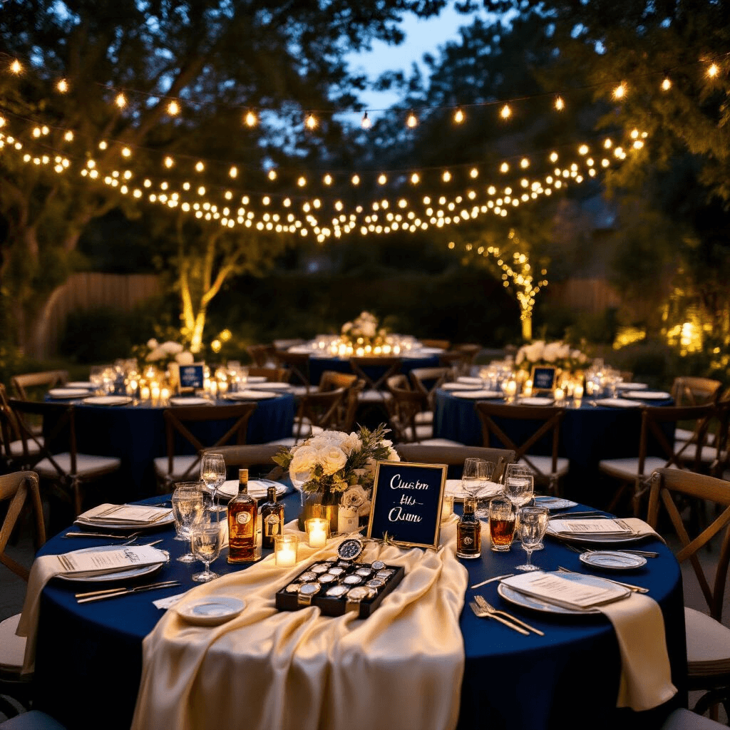 A stylish backyard anniversary celebration at night, featuring cream silk runners on round tables with gifts like watches, whiskey sets, and custom items. String lights illuminate the space, enhancing the deep navy and gold palette with metallic accents. Personalized signage and photo displays add a romantic touch to the elegant yet relaxed atmosphere.